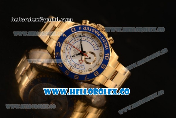 Rolex Yacht-Master II Chronograph Swiss Valjoux 7750 Automatic Yellow Gold Case with White Dial and Dots Markers Blue Bezel (JF) - Click Image to Close